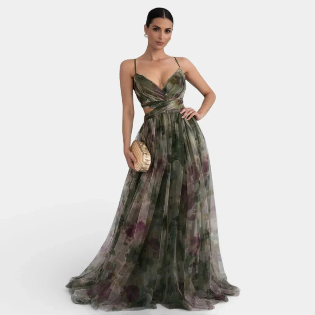 Green long floral print dress with spaghetti straps, V-neck bodice, cinched waist
