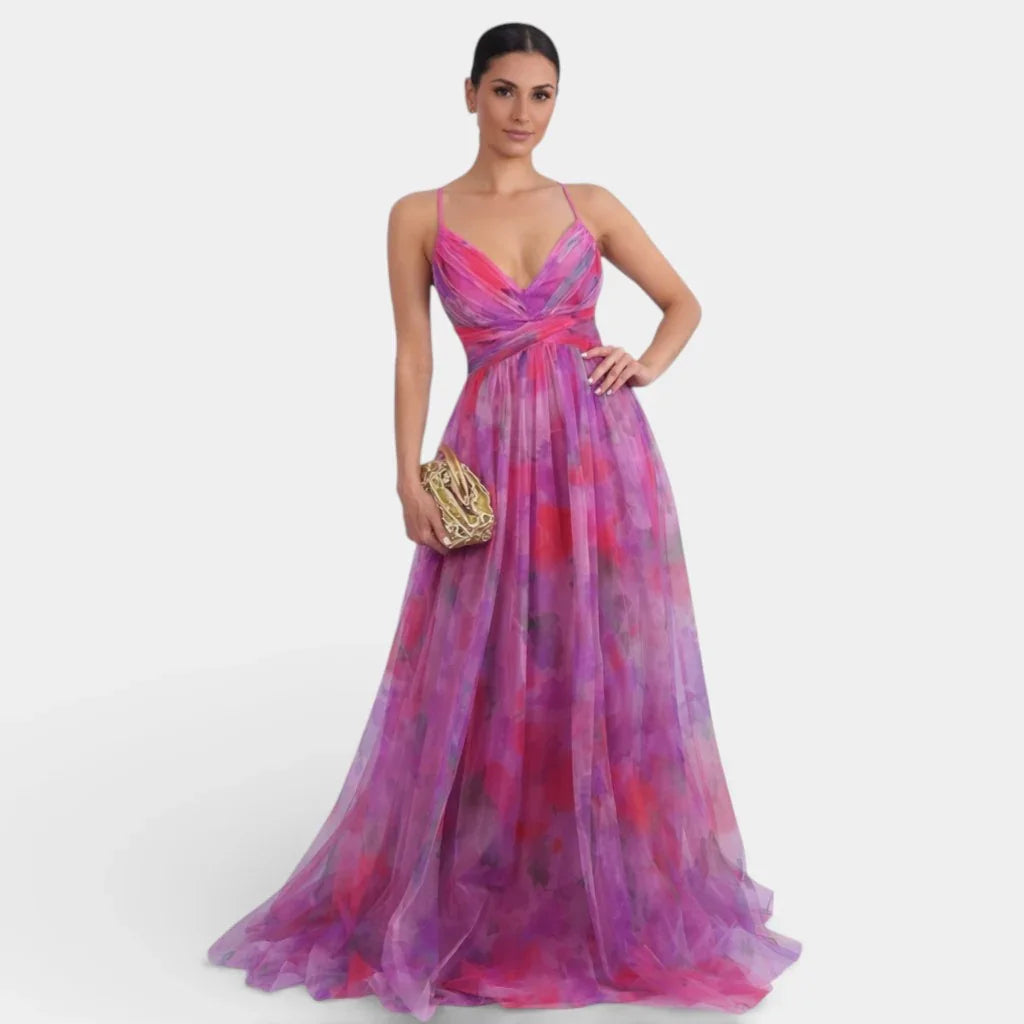 Long floral print maxi dress with V-neck and ruched waist, pink and purple