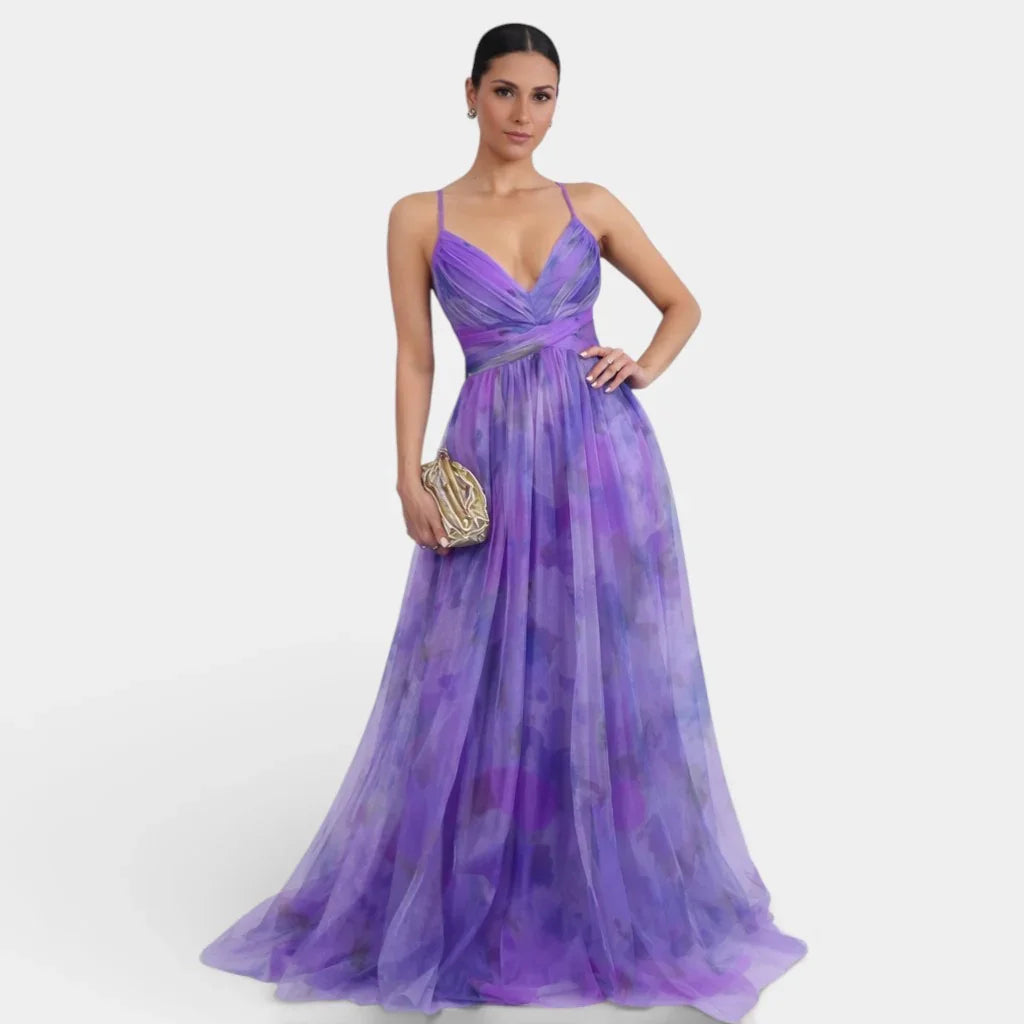 Long floral print maxi dress, sleeveless V-neck with ruched cross bodice, purple