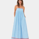 Light blue summer long dress with spaghetti straps, smocked bodice, and red trim hem