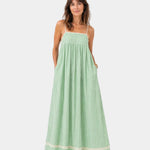 Mint green summer long dress with spaghetti straps, smocked bodice, and striped trim hem