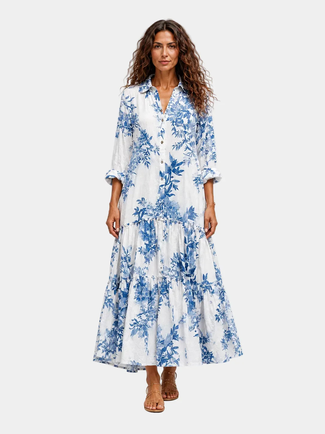 Floral shirt dress with blue print, tiered ruffle hem and 3/4 sleeves