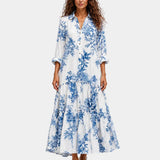 Floral shirt dress with blue print, tiered ruffle hem and 3/4 sleeves