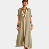 Olive shirt-inspired button front dress with short sleeves and collar