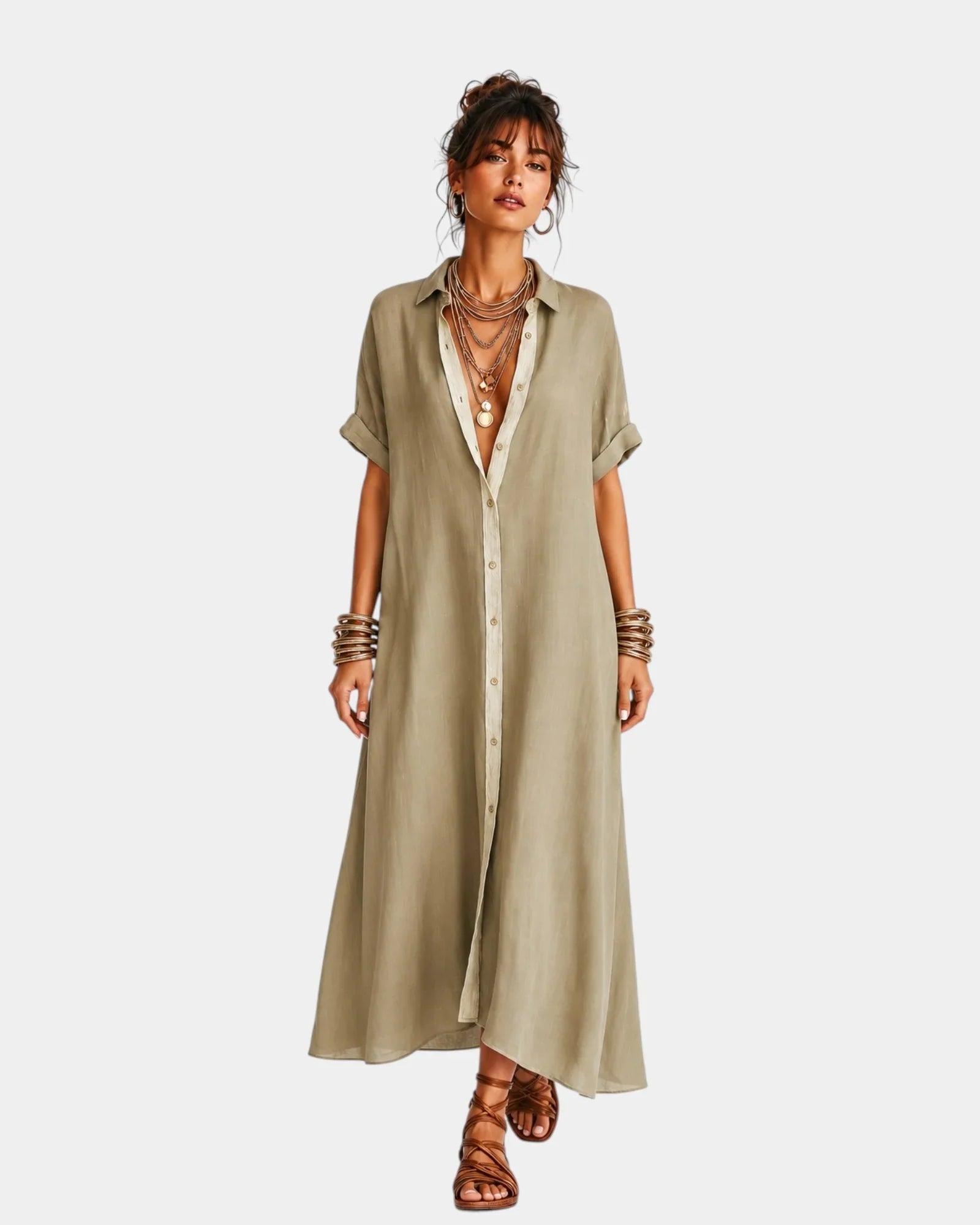 Olive shirt-inspired button front dress with short sleeves and collar