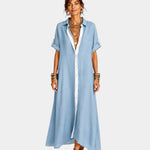 Light blue shirt-inspired button front dress with short sleeves and collar