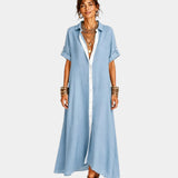 Light blue shirt-inspired button front dress with short sleeves and collar