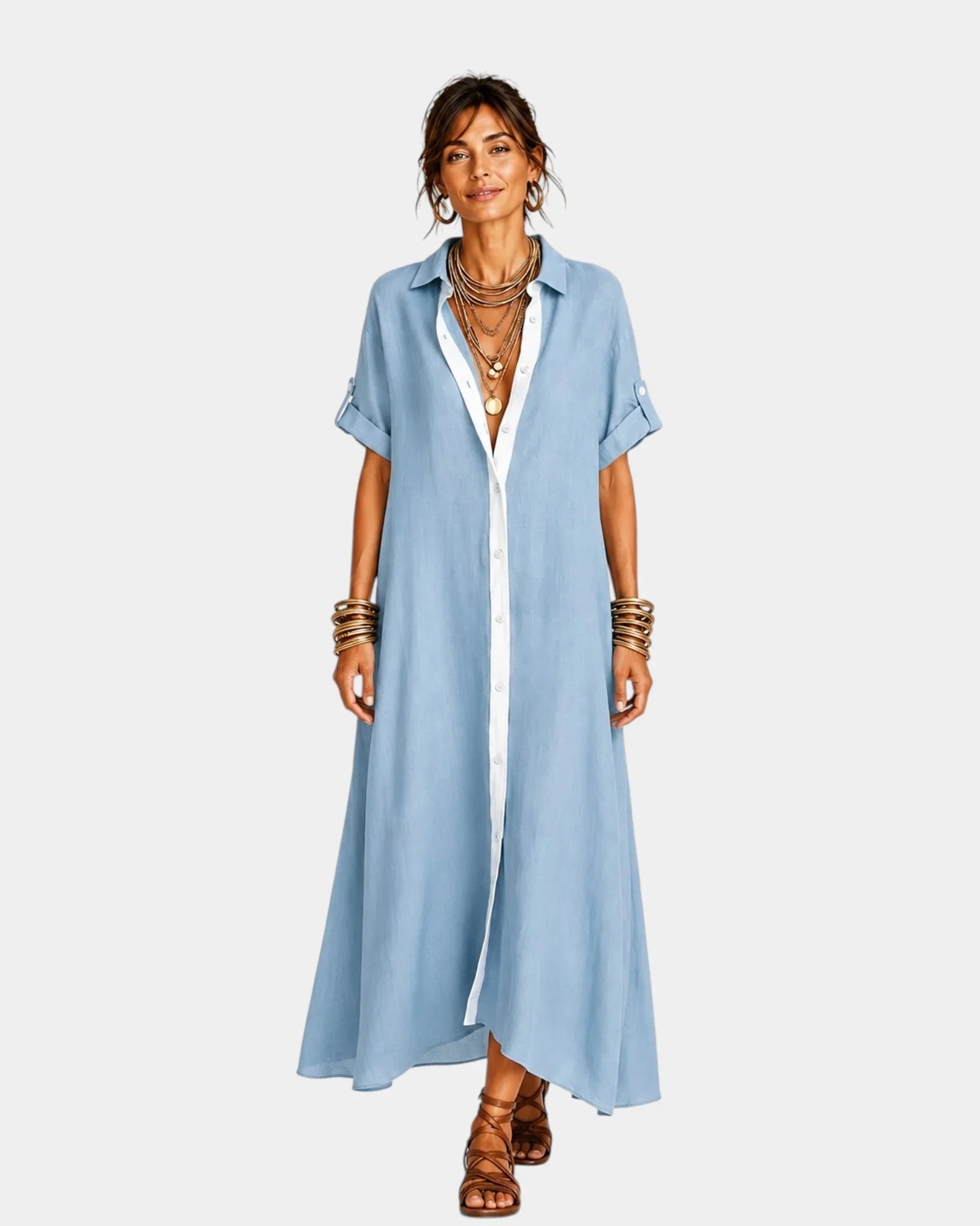 Light blue shirt-inspired button front dress with short sleeves and collar