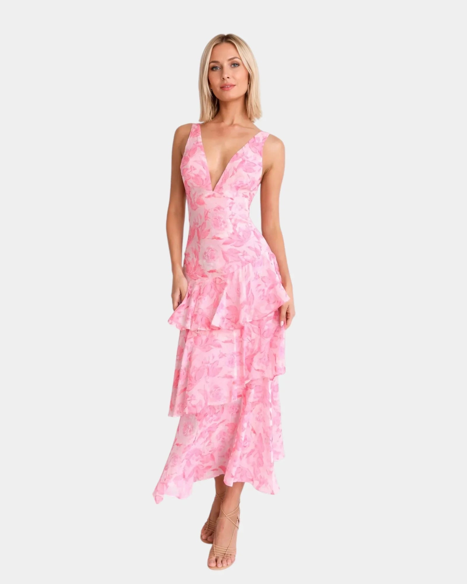 Pink floral tiered maxi dress with V-neck and cascading ruffle skirt
