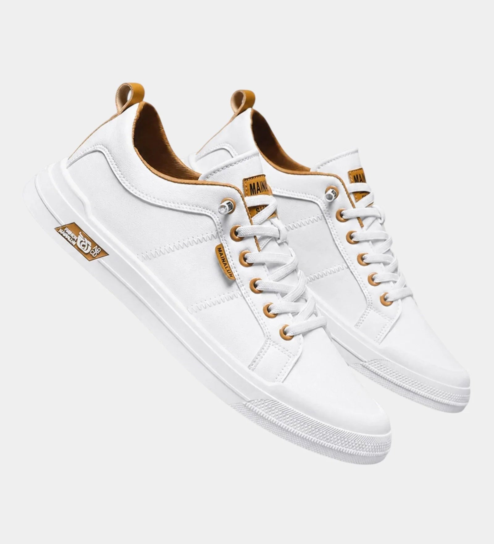 White classic sneakers with tan lining, lace-up front, and white rubber sole
