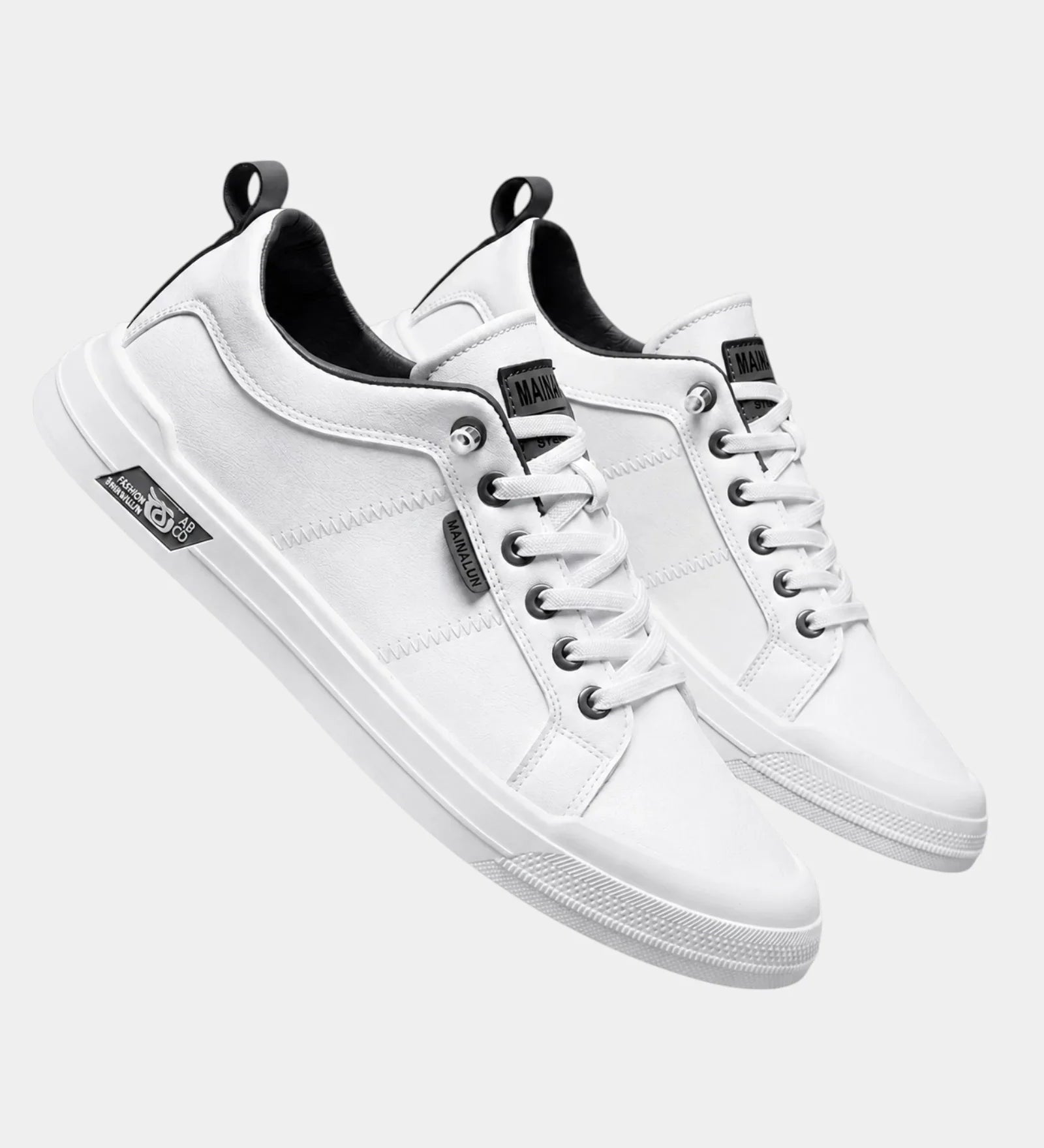 White classic sneakers with dark collar lining, lace-up front, and white rubber sole