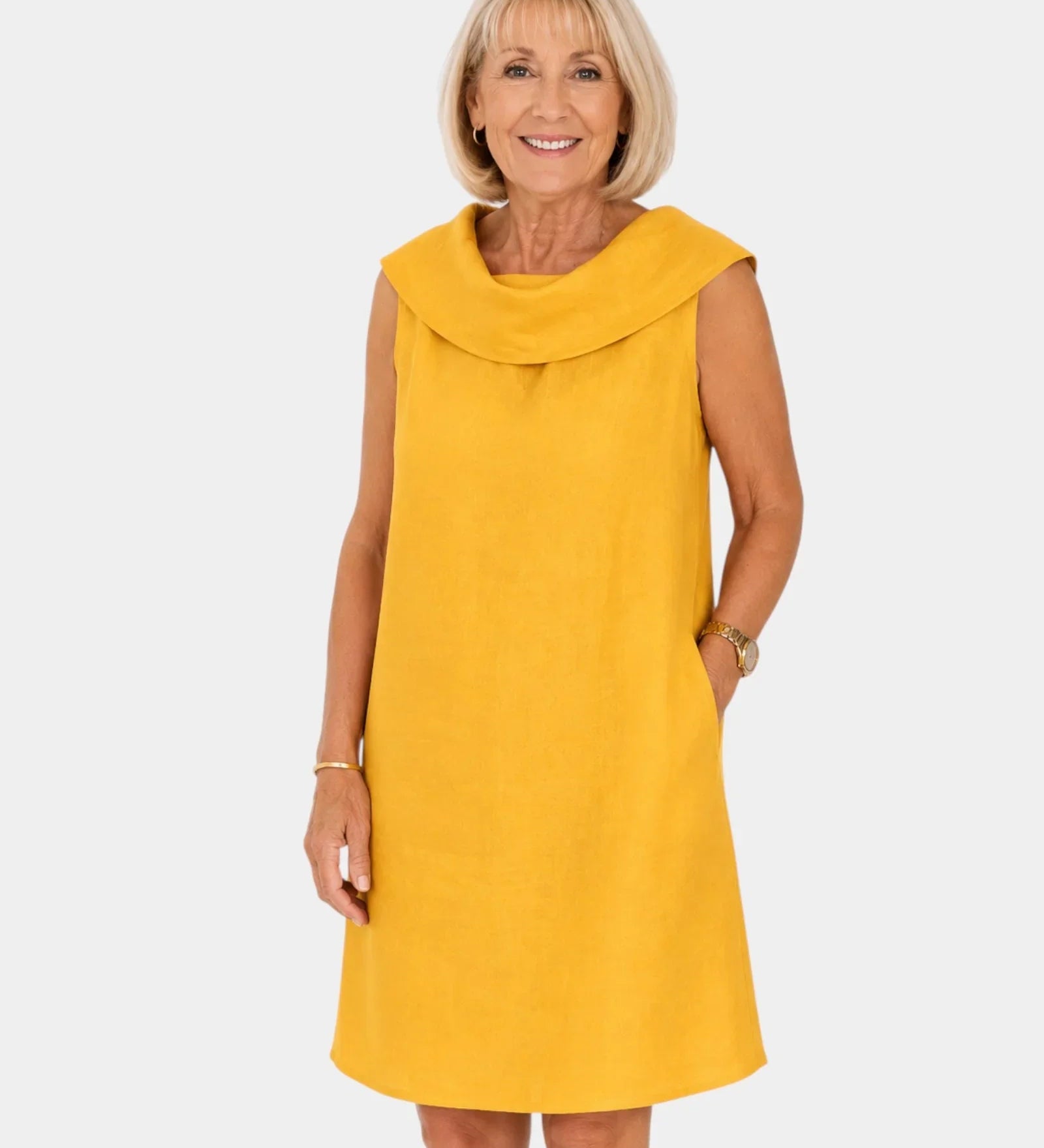 Sleeveless yellow dress with cowl neckline and layered collar