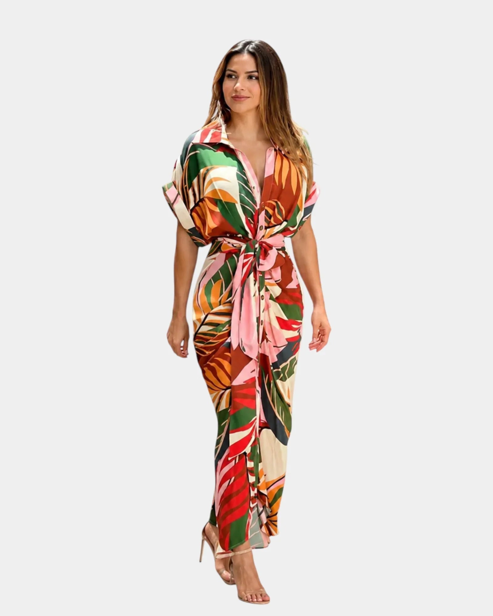 Multicolor printed casual dress with short sleeves, button front, and tied waist belt