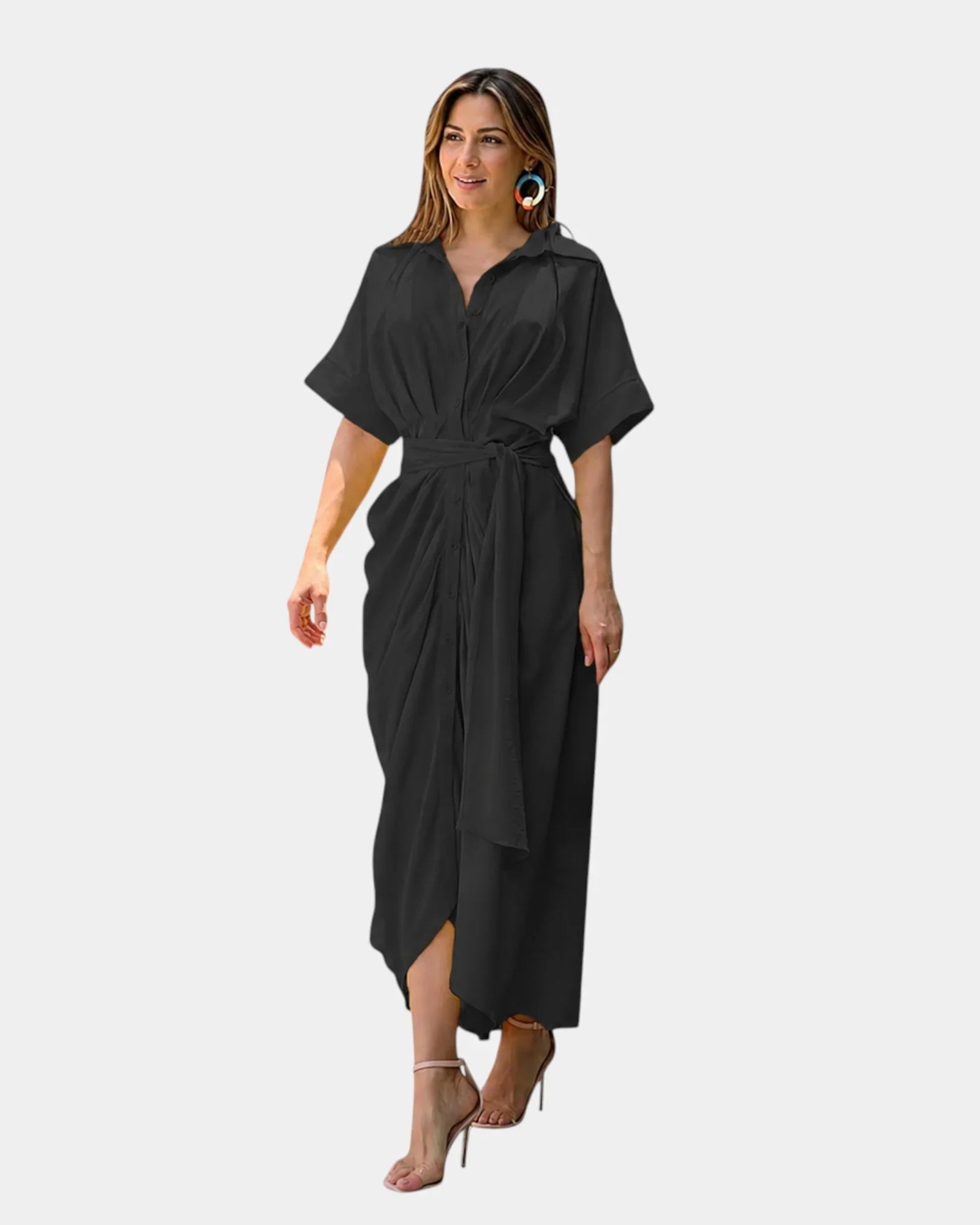 Black casual dress with short sleeves, button front, and tied waist sash, asymmetrical hem