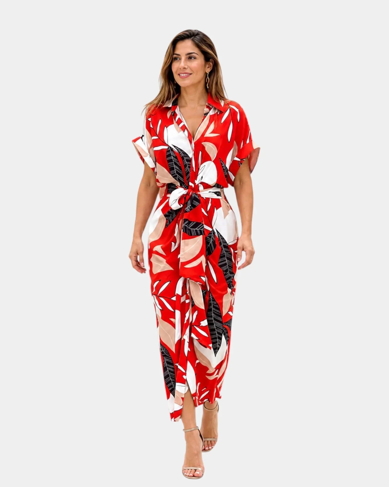 Red, white, and black printed casual dress with short sleeves, button front, tied waist