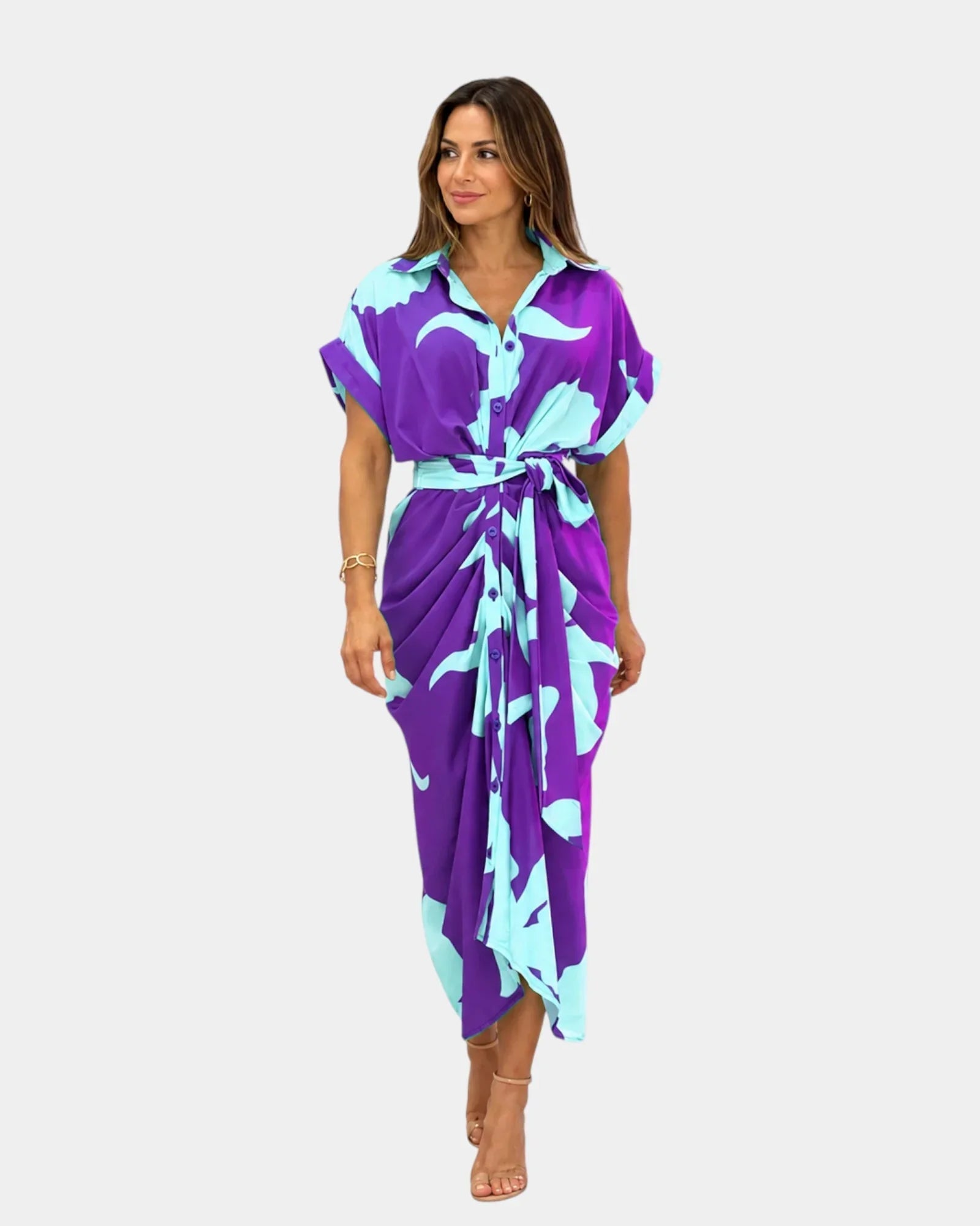 Purple patterned casual dress with short sleeves, button front, and tied waist belt
