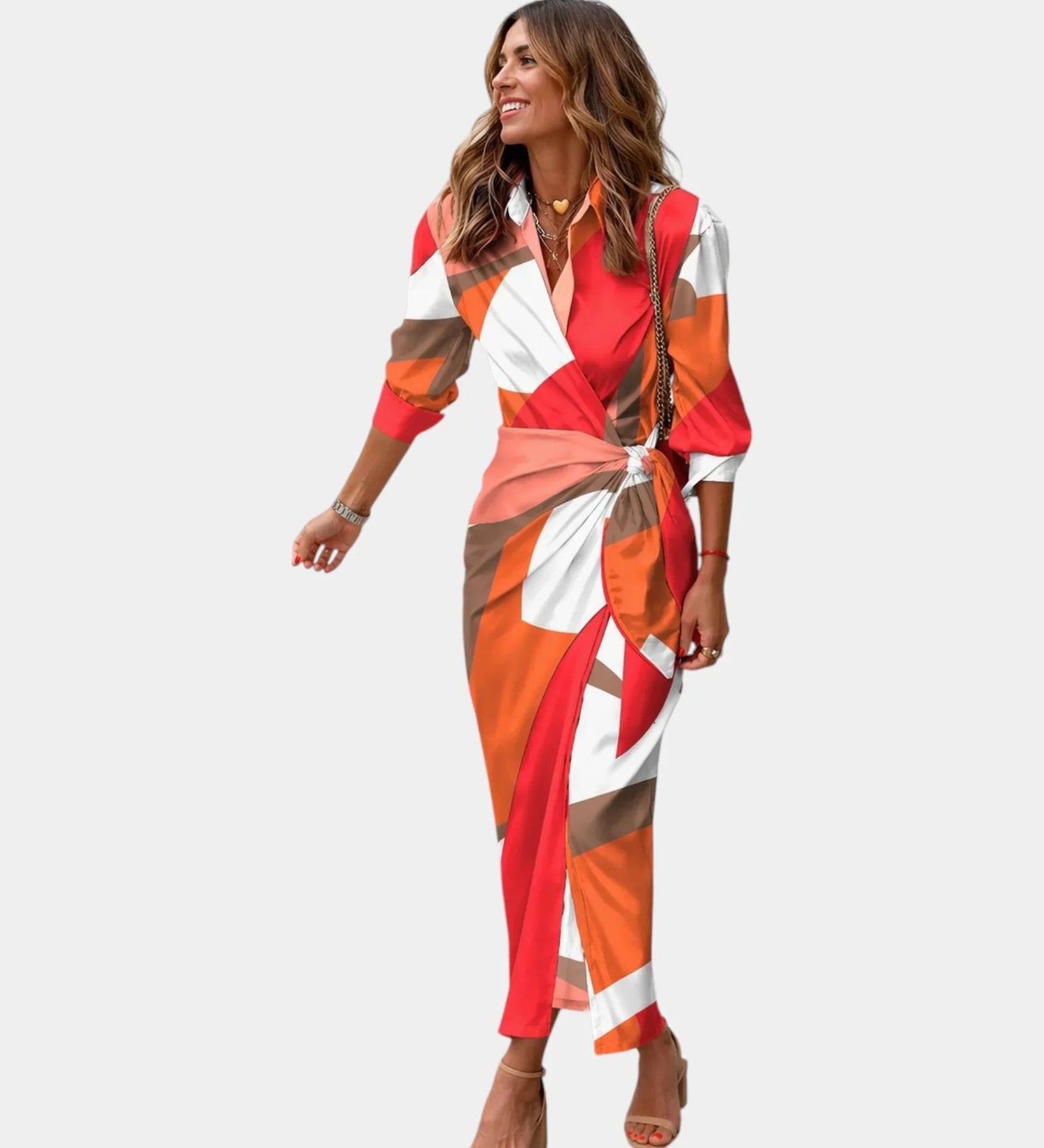 Multicolored geometric wrap dress with V-neck, tie waist, side slit, 3/4 sleeves
