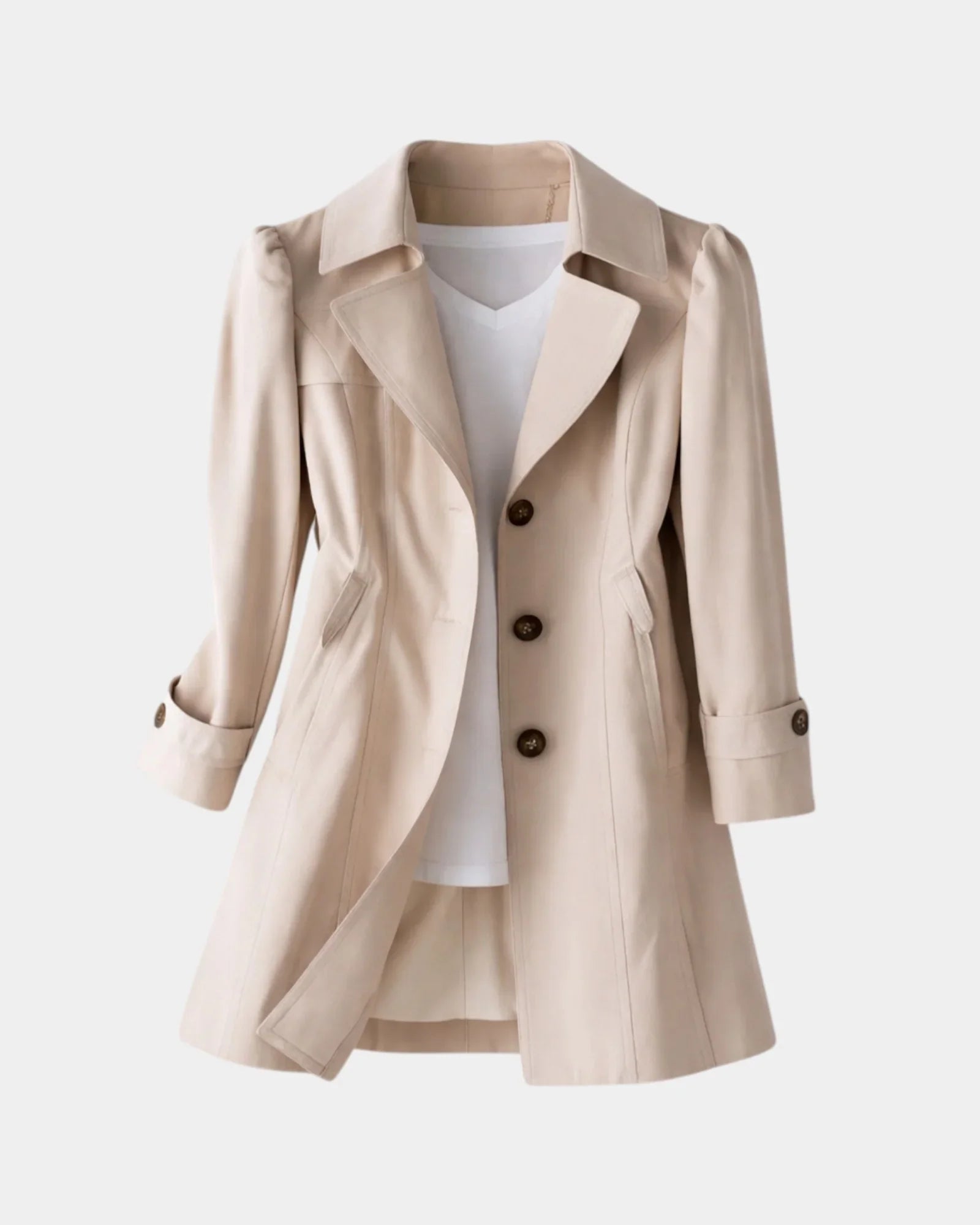 Beige vintage-style coat with notched lapels, button front, and cuffed 3/4 sleeves