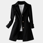 Black vintage-style coat with notched lapels, button front, and cuffed 3/4 sleeves