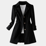 Black vintage-style coat with notched lapels, button front, and cuffed 3/4 sleeves