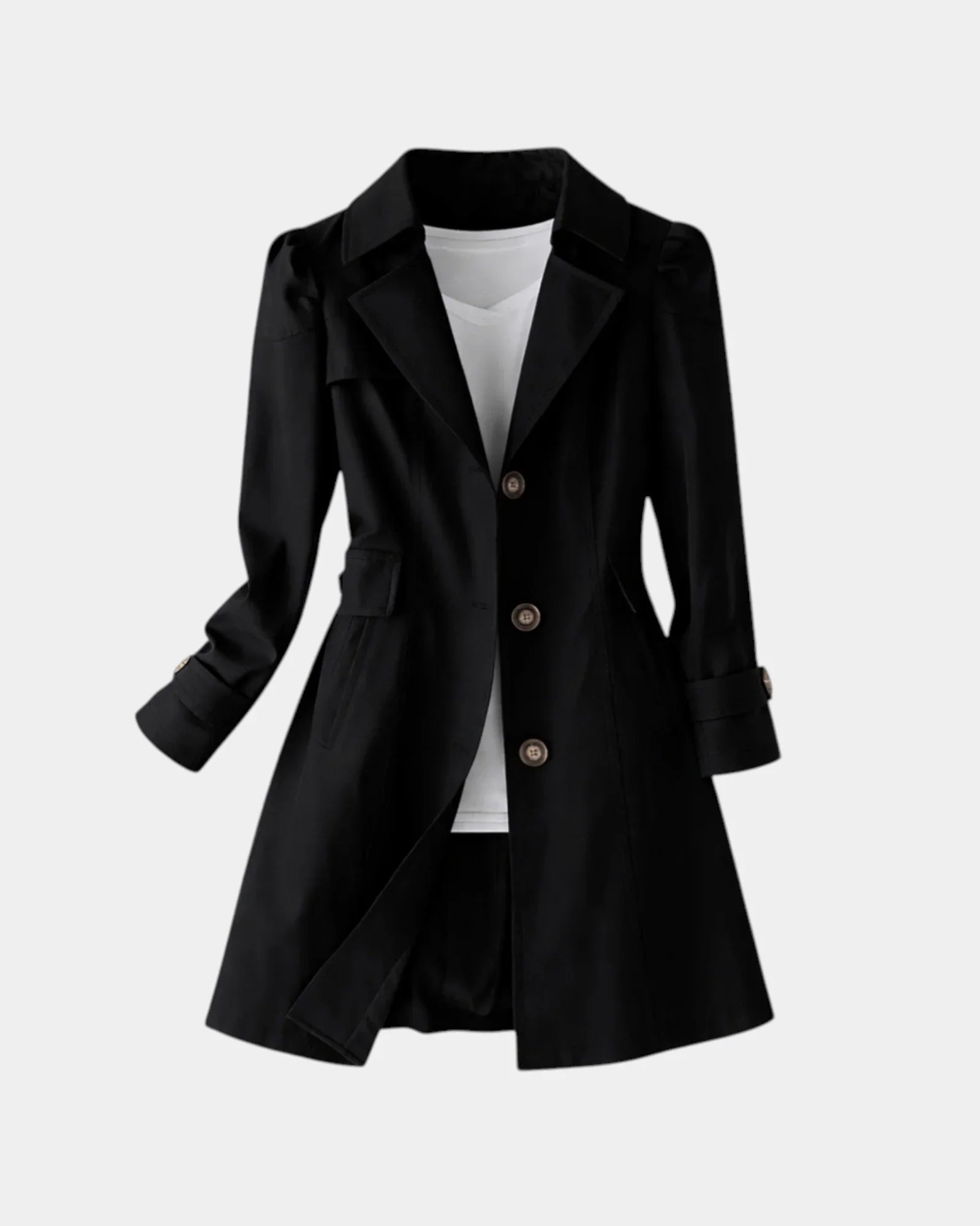 Black vintage-style coat with notched lapels, button front, and cuffed 3/4 sleeves