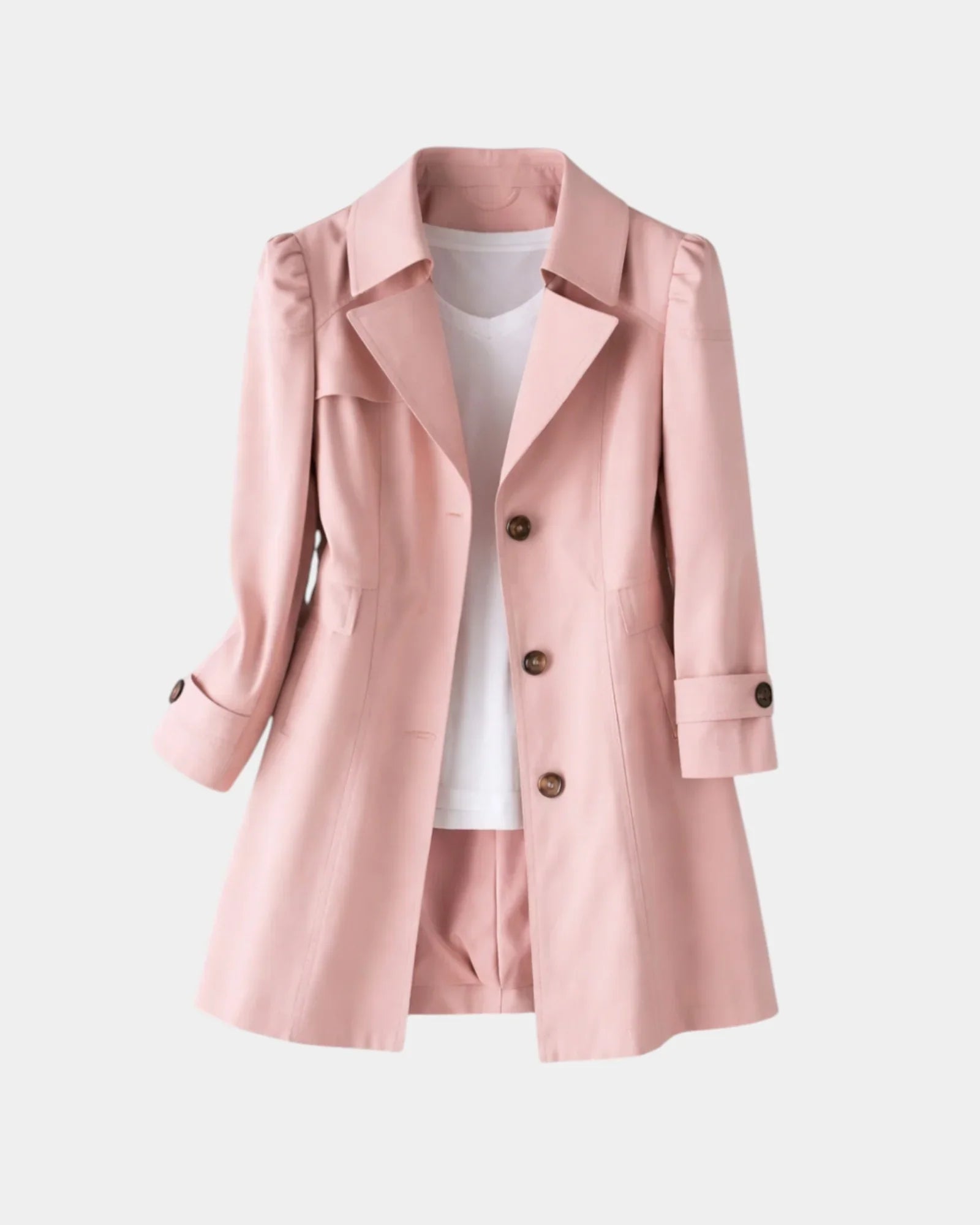 Pink vintage-style coat with notched lapels, button front, and cuffed 3/4 sleeves
