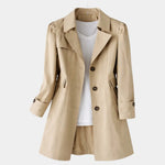 Khaki vintage-style coat with notched lapels, button front, and cuffed 3/4 sleeves