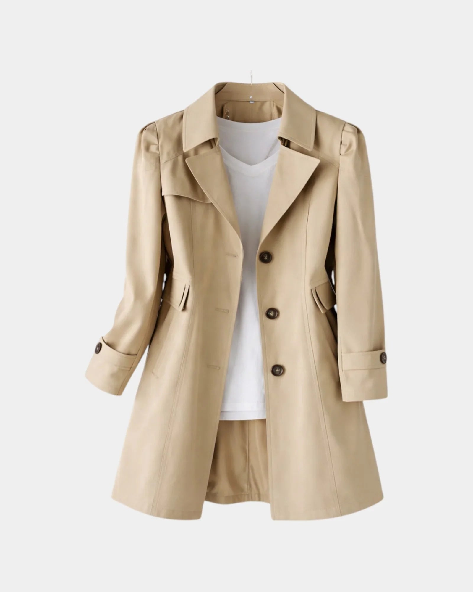 Khaki vintage-style coat with notched lapels, button front, and cuffed 3/4 sleeves