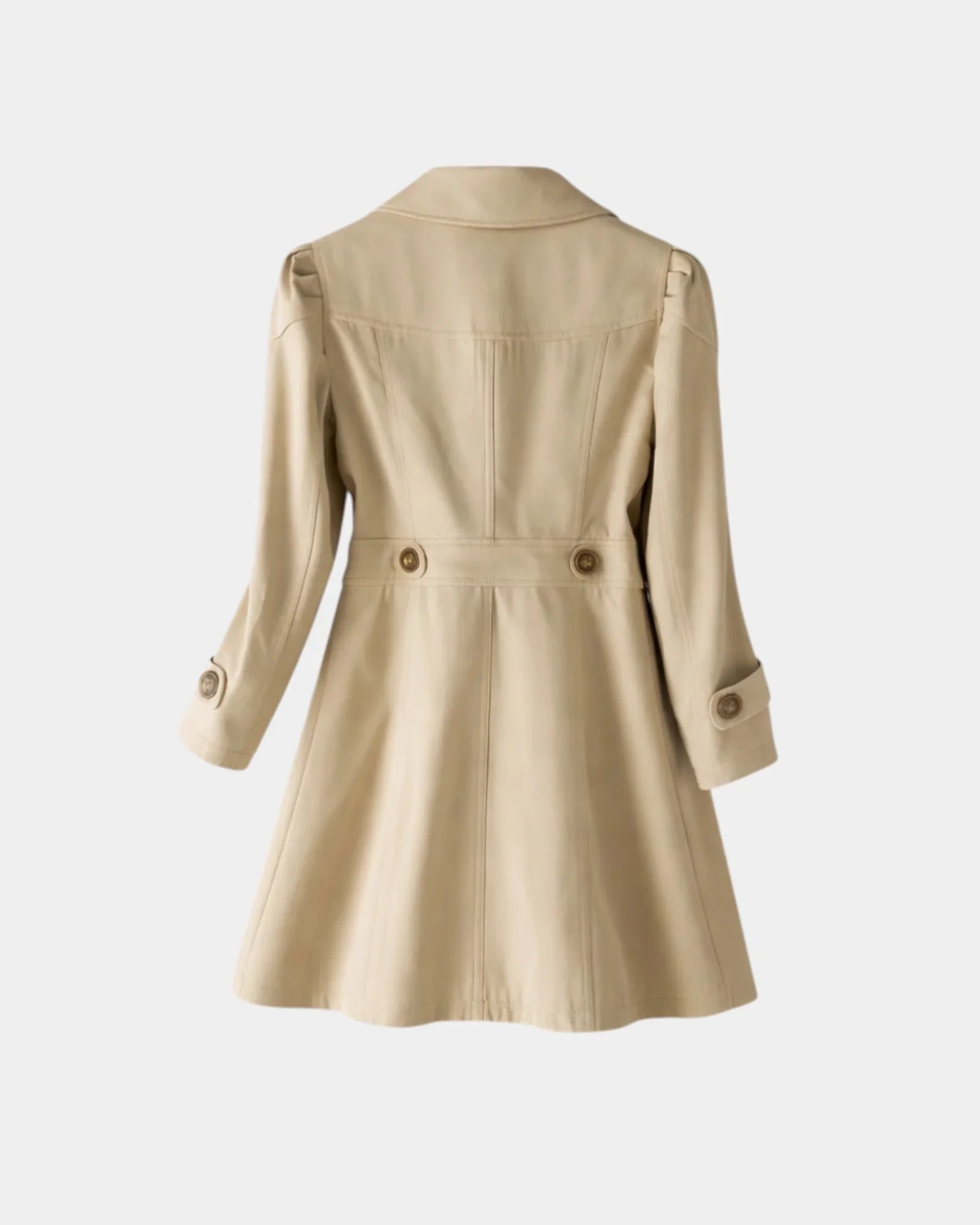 Beige vintage-style coat back view with stitched seams and buttoned sleeve cuffs