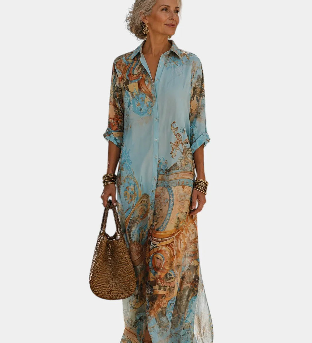 Blue printed maxi summer dress with collared V-neck, 3/4 sleeves, flowy skirt