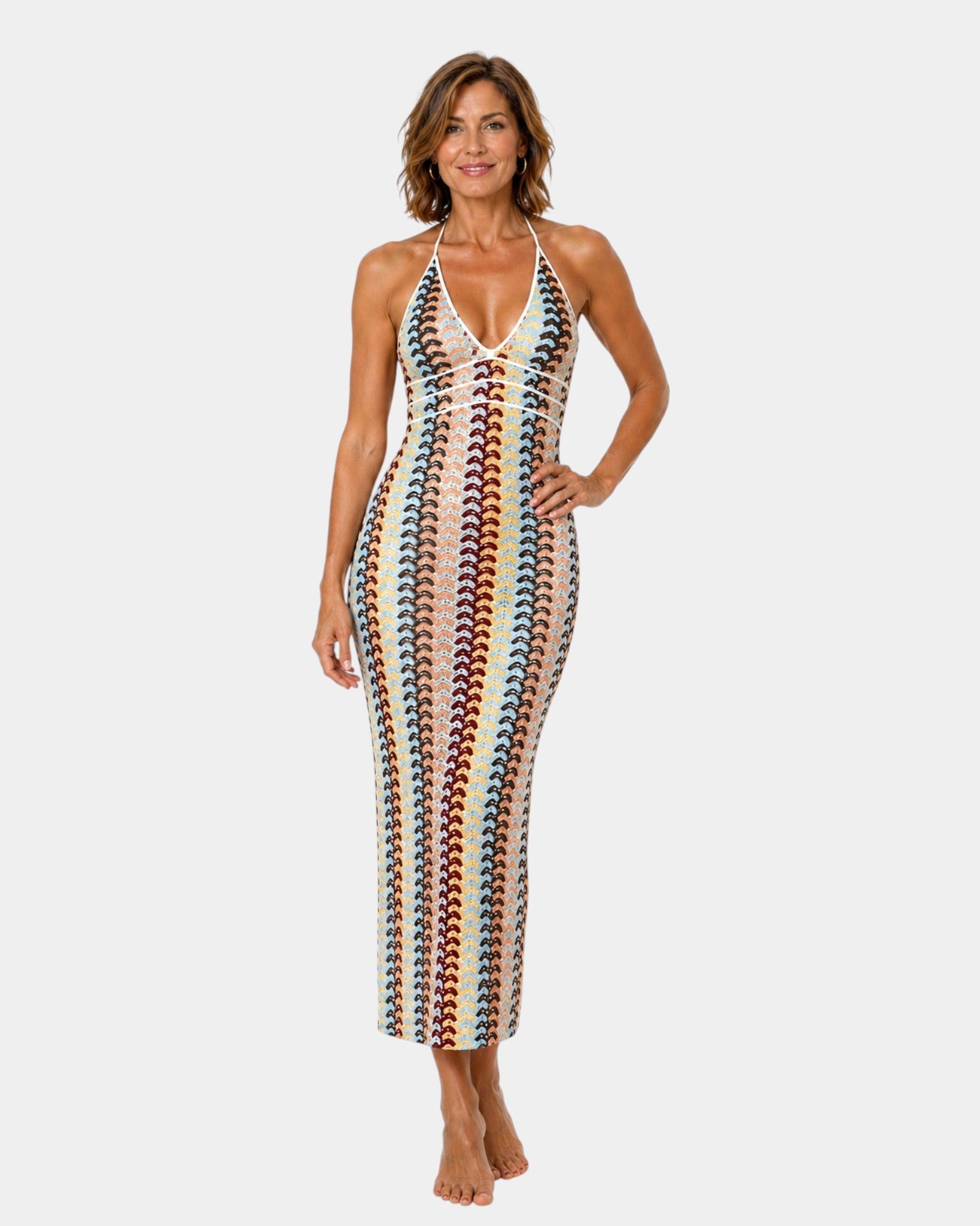 Multicolor mesh beach dress with V-neck and spaghetti straps, zigzag pattern maxi