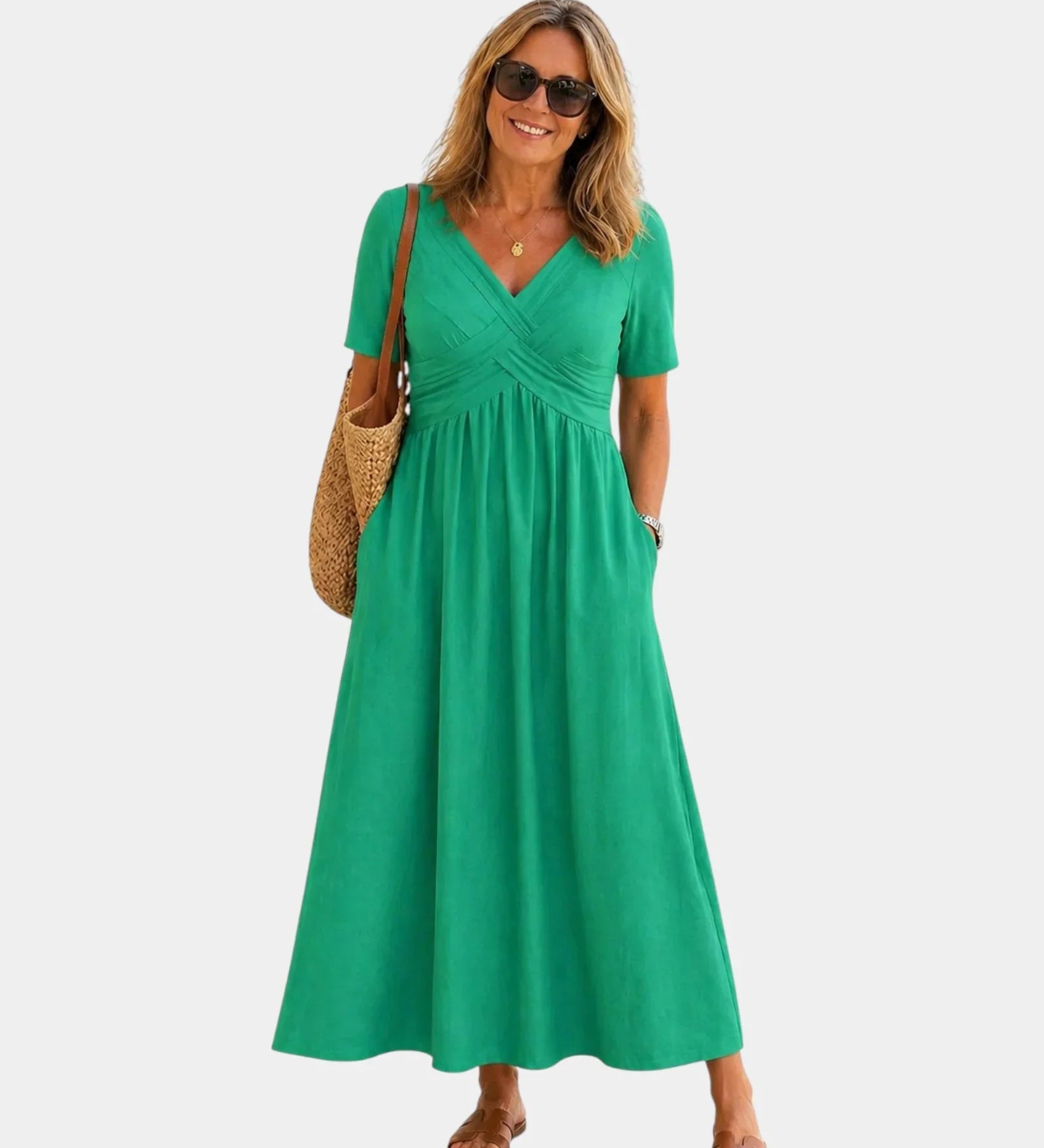 Green V-neck wrap dress with crossed bodice and short sleeves