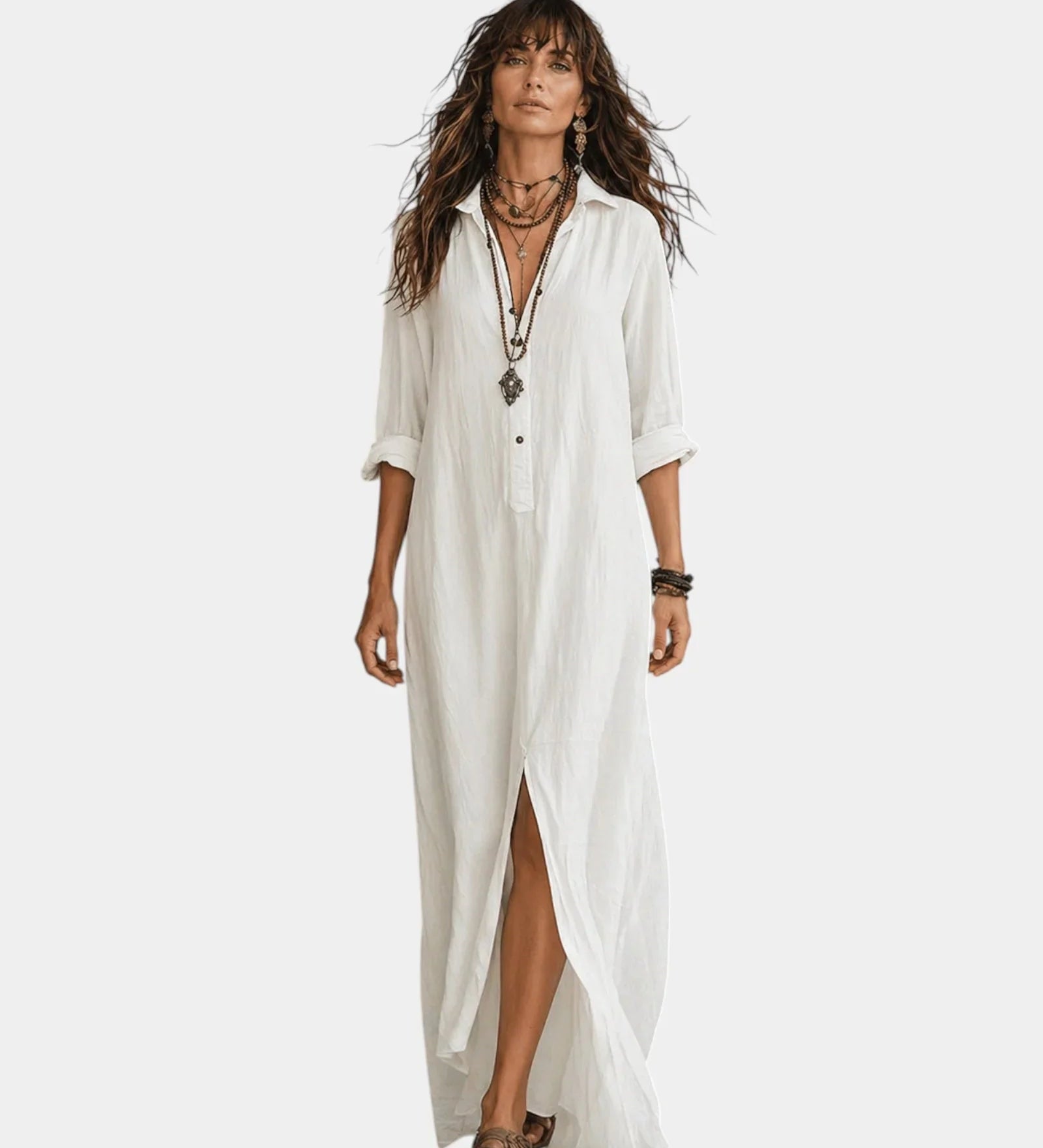 White button-front maxi dress with V-neck, three-quarter sleeves, and side slit