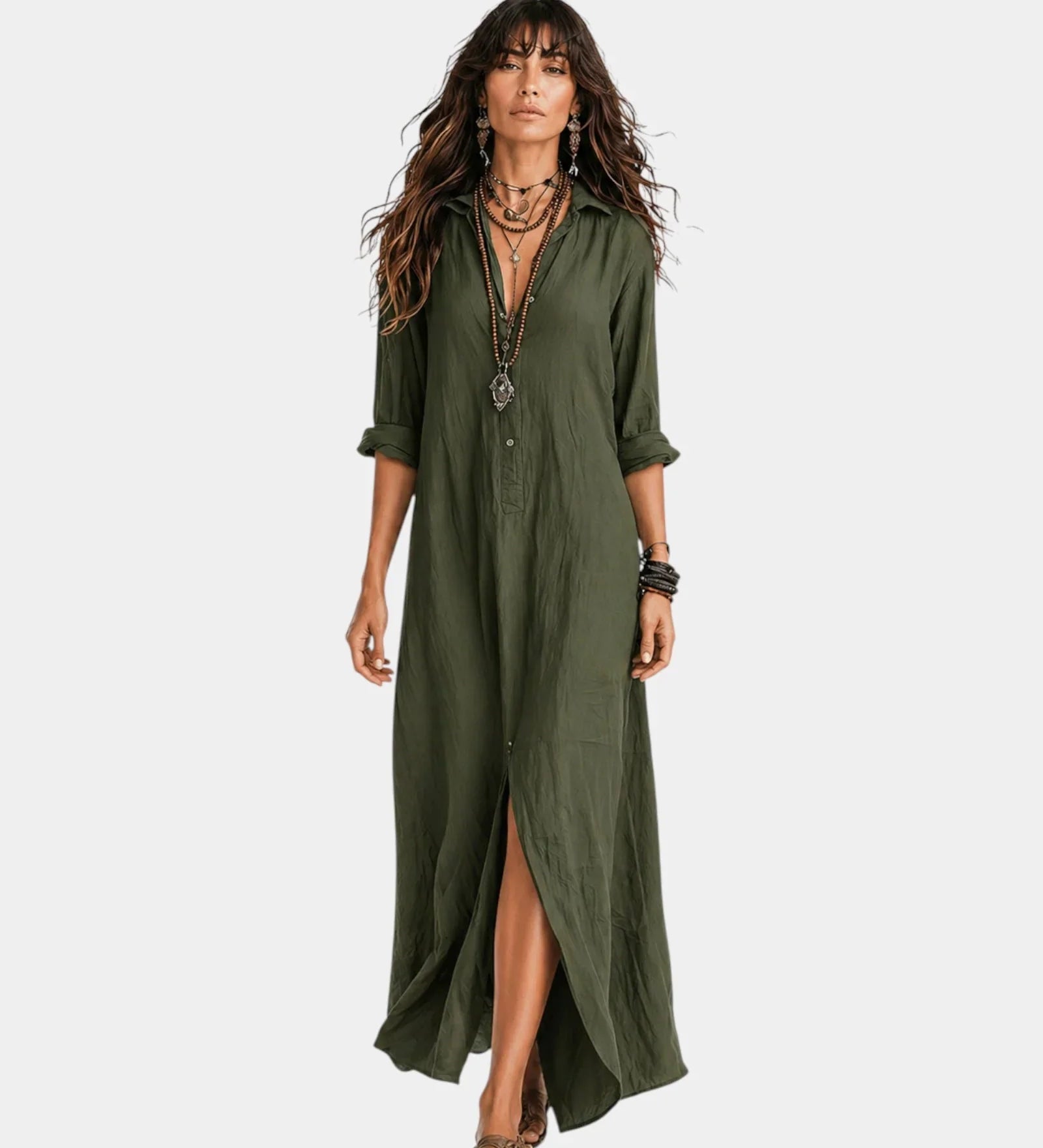 Green button-front maxi dress with V-neck, three-quarter sleeves, and side slit