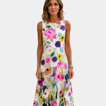 White sleeveless midi dress with colorful floral print, round neckline, A-line