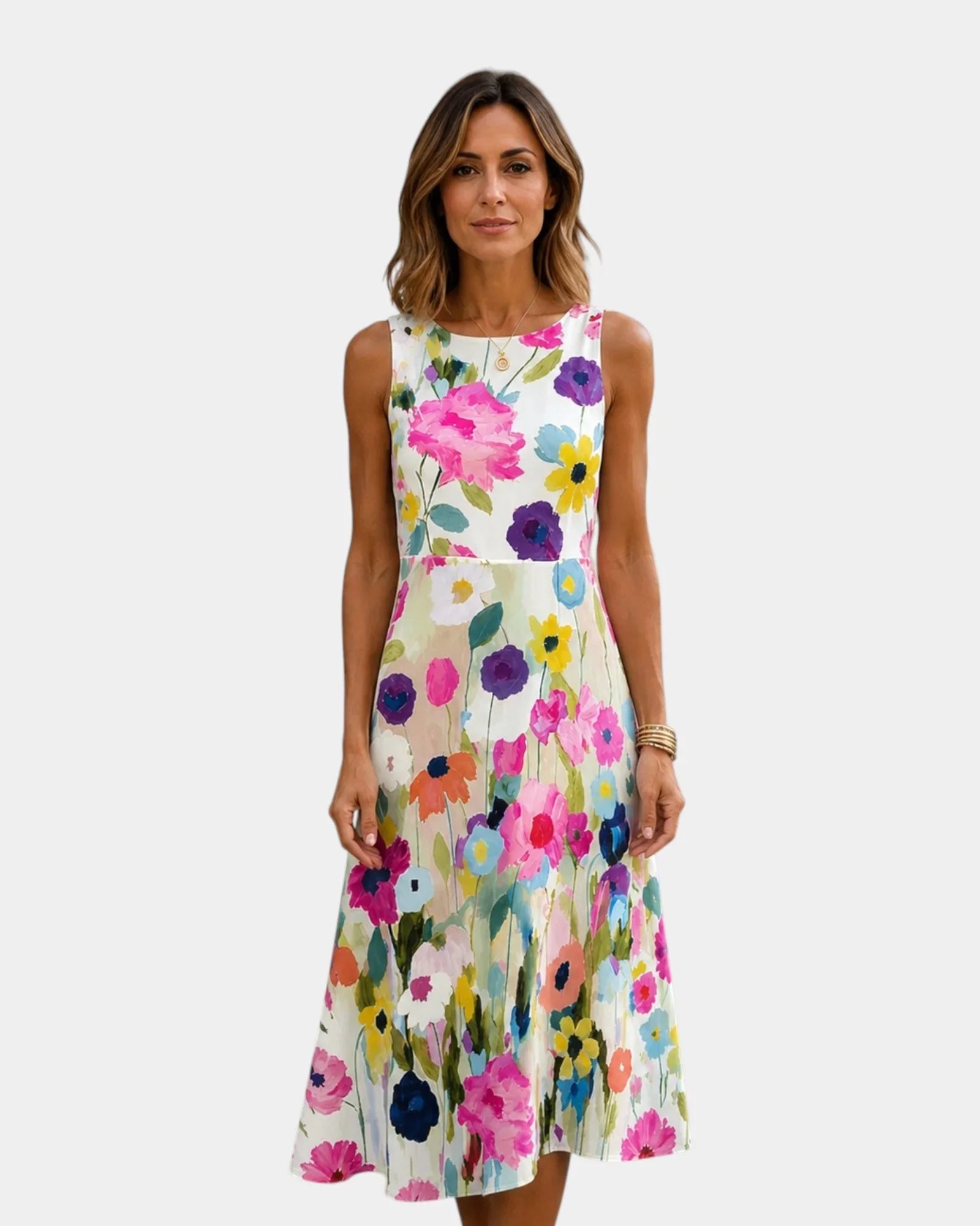 White sleeveless midi dress with colorful floral print, round neckline, A-line
