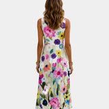 White sleeveless midi dress with colorful floral print, sleeveless back view