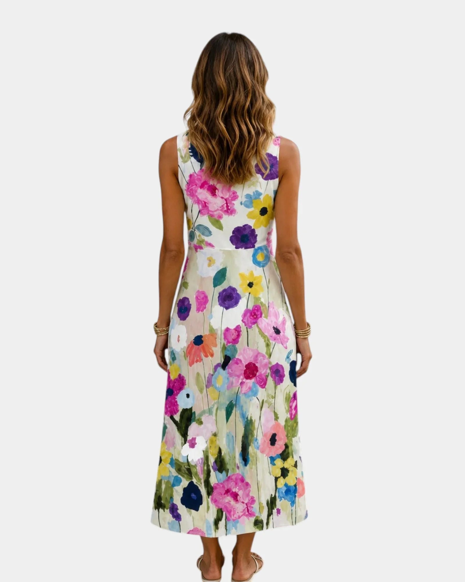 White sleeveless midi dress with colorful floral print, sleeveless back view