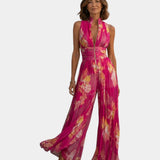 Shana | Pleated Floral Chiffon Jumpsuit in Fuchsia