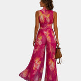 Shana | Pleated Floral Chiffon Jumpsuit in Fuchsia