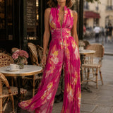 Shana | Pleated Floral Chiffon Jumpsuit in Fuchsia