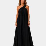 Black crossed maxi dress, sleeveless one-shoulder draped bodice, full-length skirt