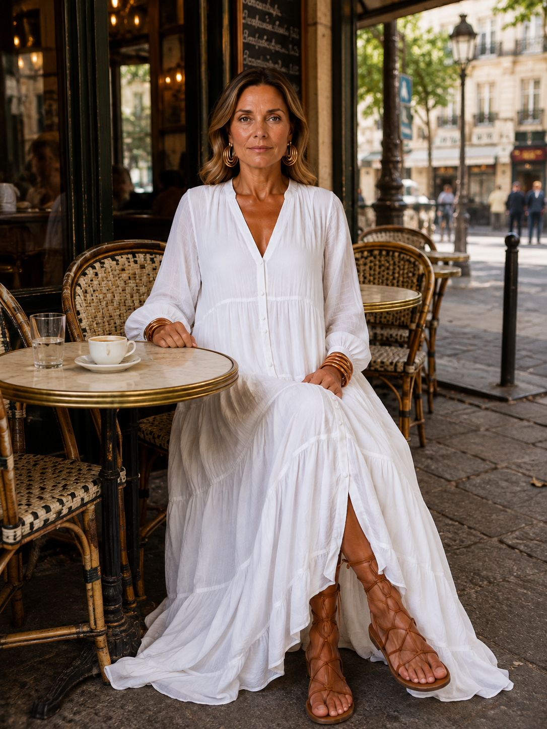 White tiered maxi dress, V-neck and button front, long sleeves, side slit