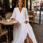 White tiered maxi dress, V-neck and button front, long sleeves, side slit