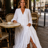 White tiered maxi dress, V-neck and button front, long sleeves, side slit