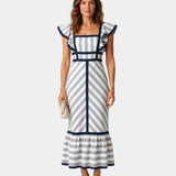 Striped midi dress with square neckline, cap sleeves, and ruffled hem, blue and white
