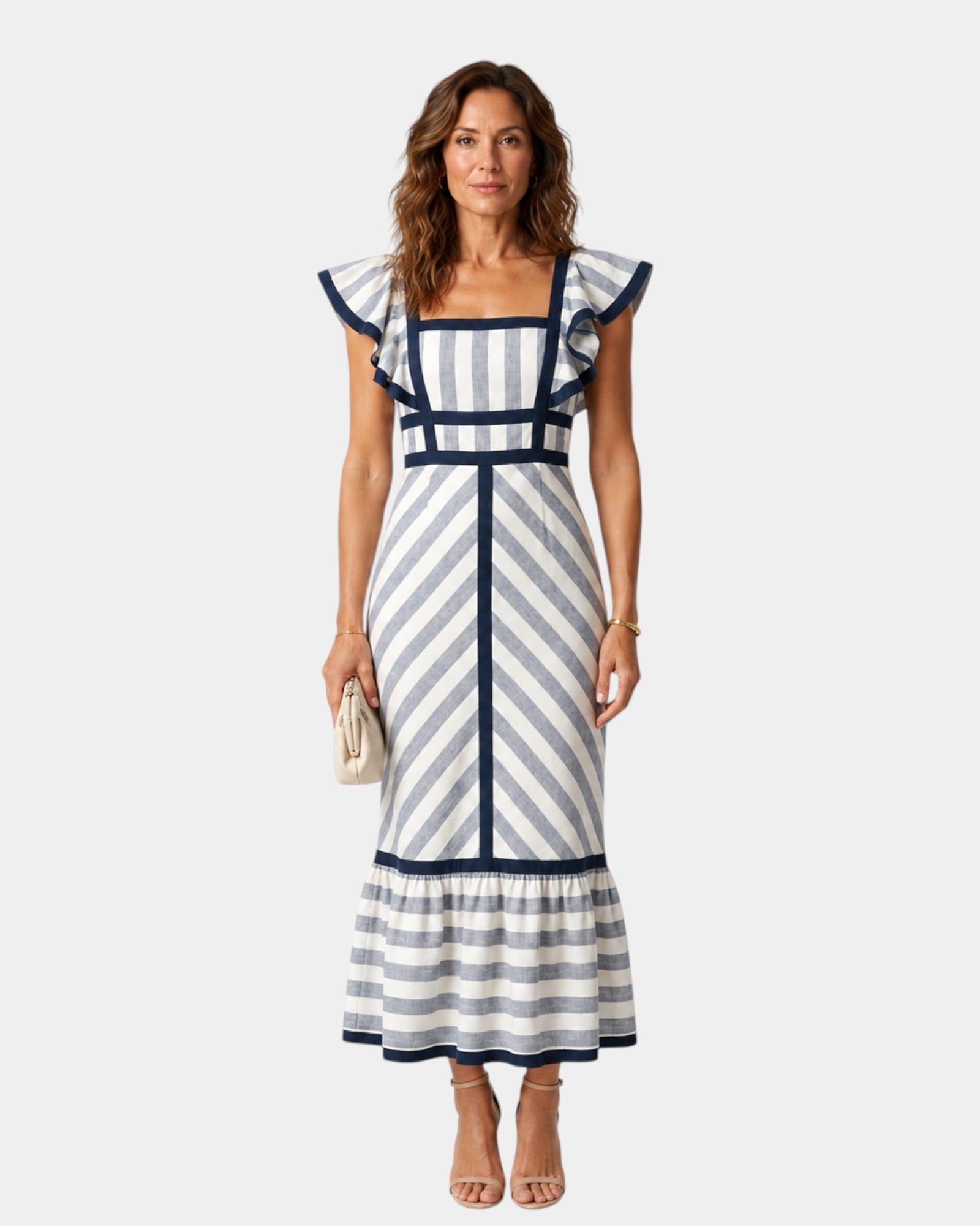 Striped midi dress with square neckline, cap sleeves, and ruffled hem, blue and white