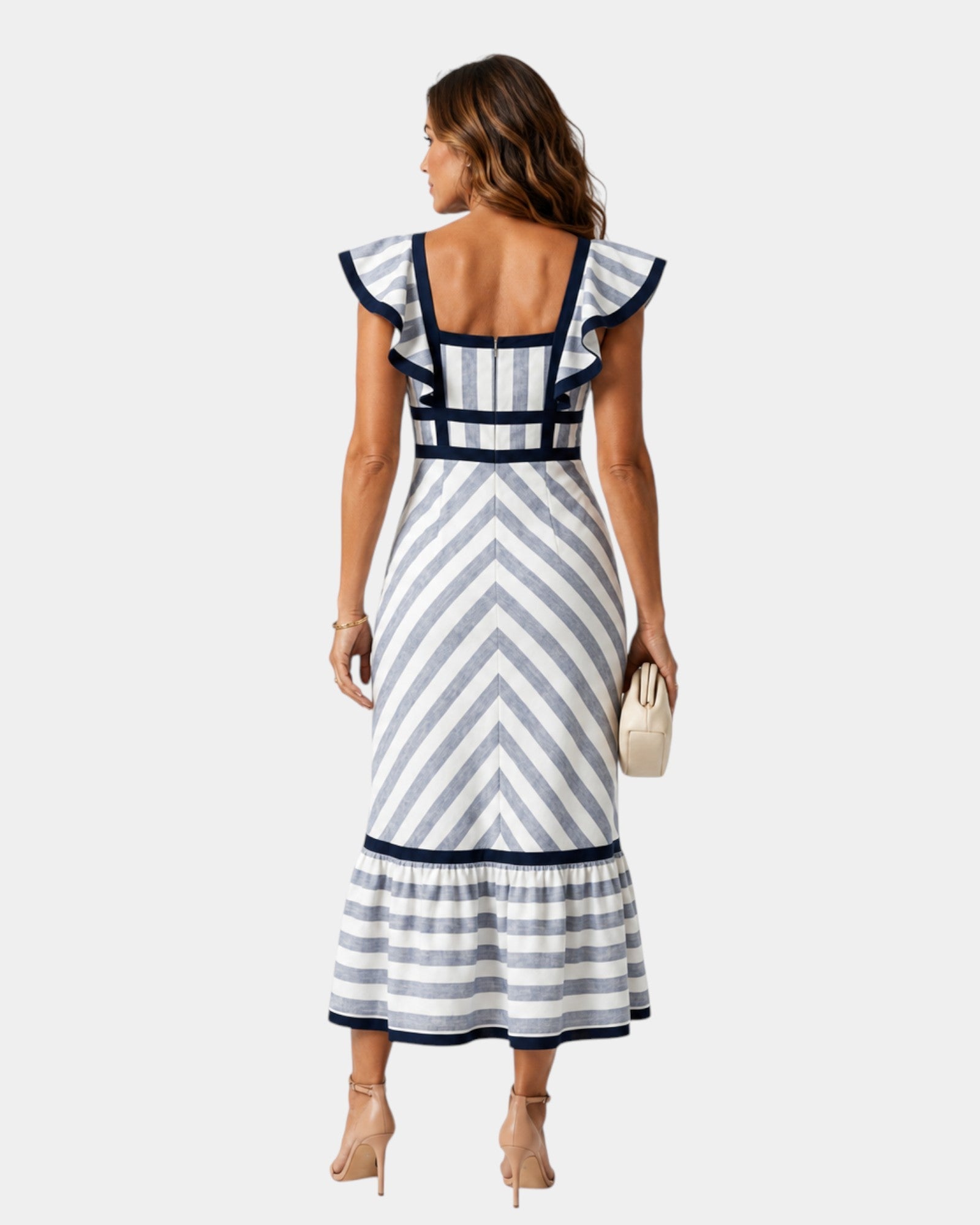 Back view of blue and white striped midi dress with square neckline and ruffled hem