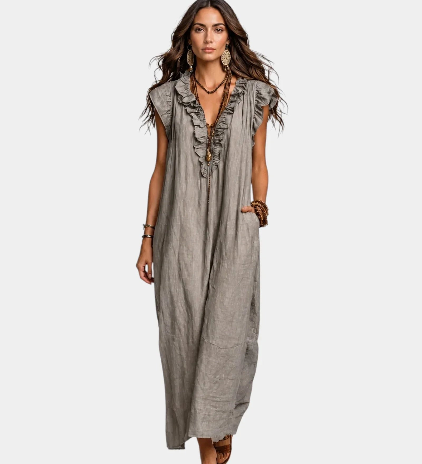 Grey sleeveless long dress with V neckline and front lace-up detail