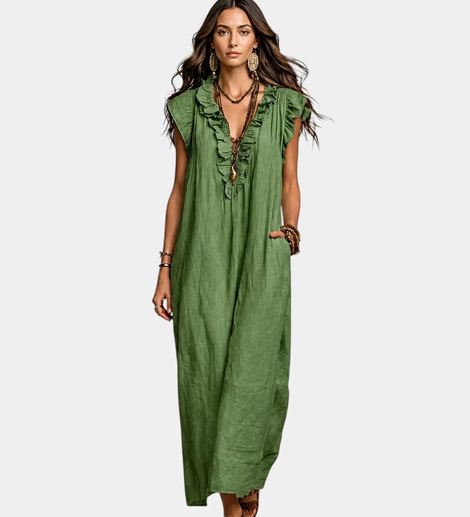 Green sleeveless long dress with V neckline and lace-up front detail